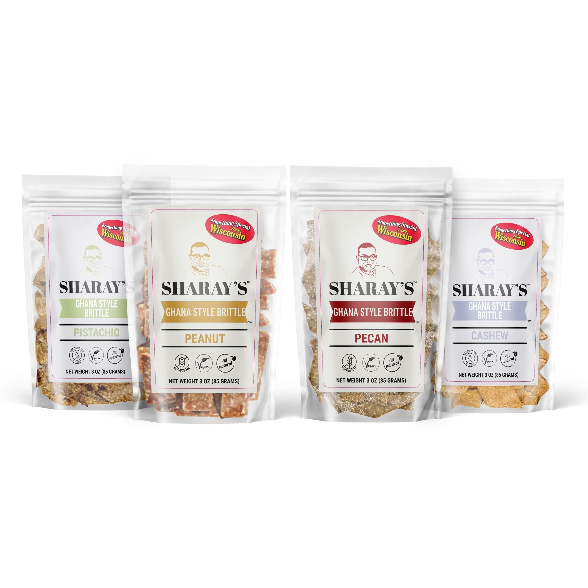 Brittle bundle containing peanut, cashew, pistachio and pecan. 3 oz bag size.